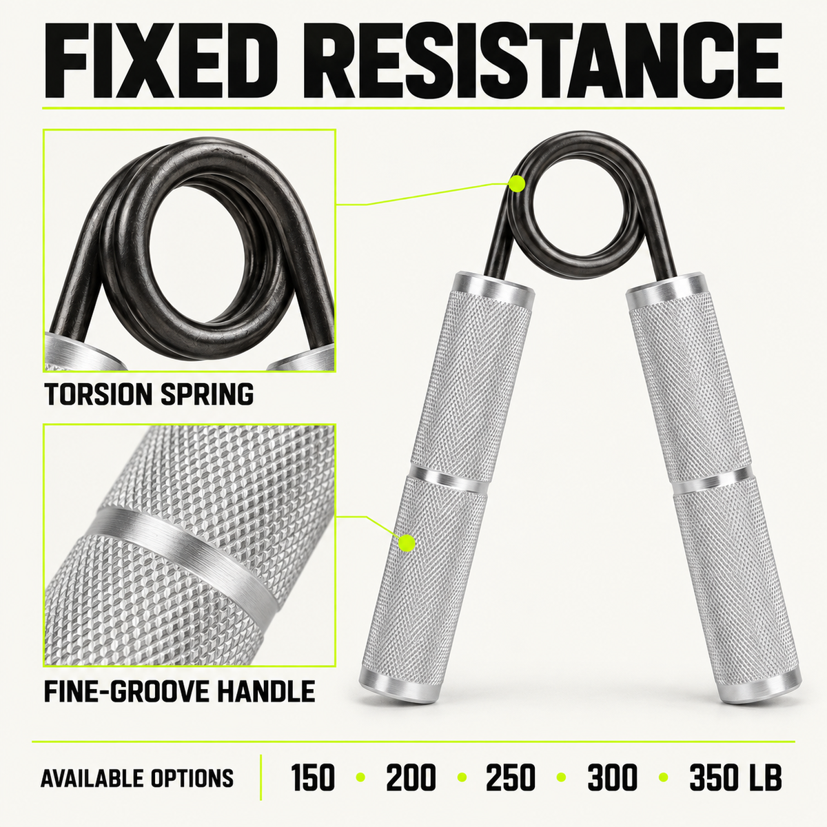 ApeX Crush hand gripper with torsion spring, fine-groove silver handle, and five fixed resistance options