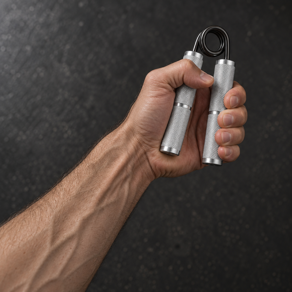 Adult hand squeezing the silver ApeX Crush hand gripper with forearm visible from an overhead angle
