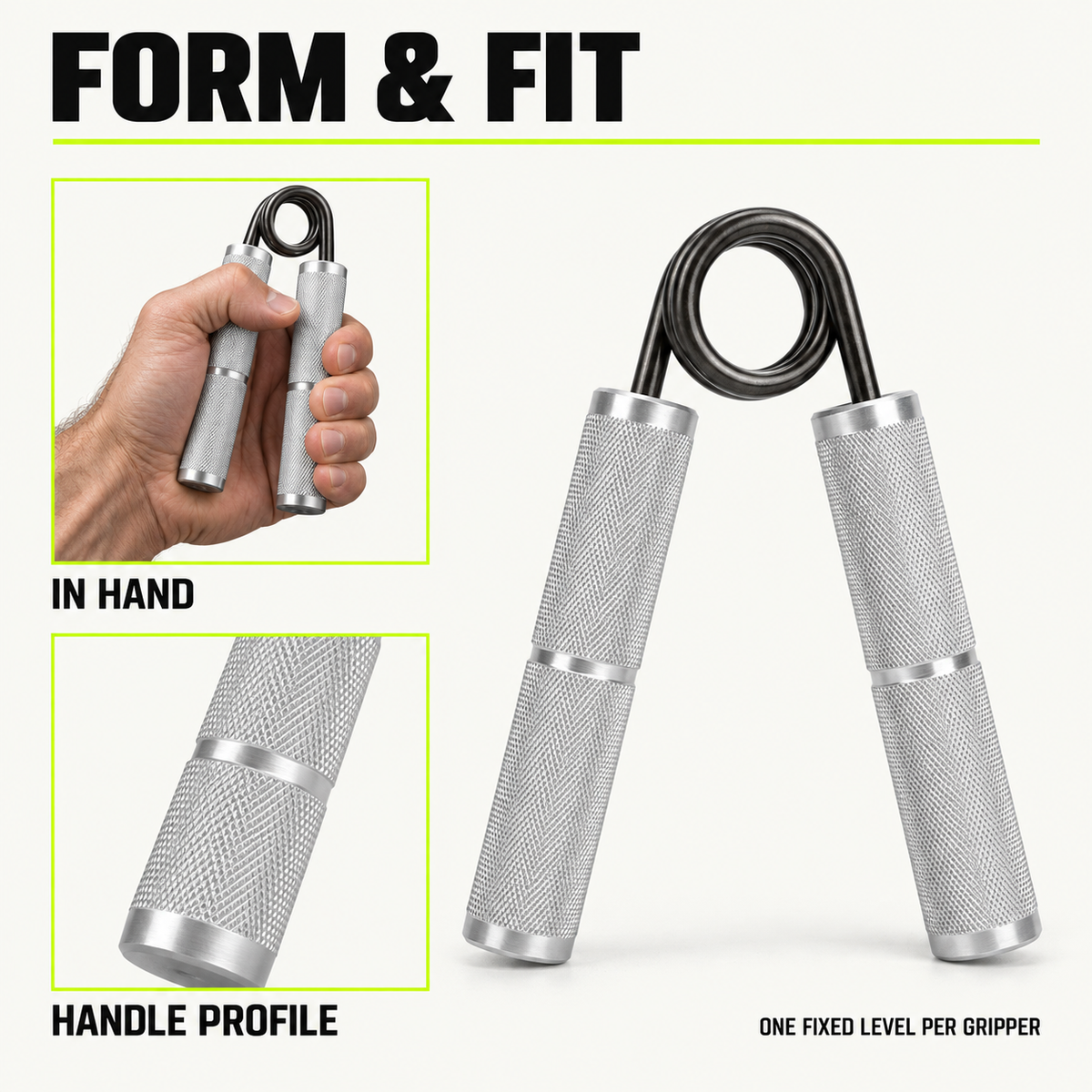 ApeX Crush silver hand gripper with in-hand view and close-up of the fine-groove handle