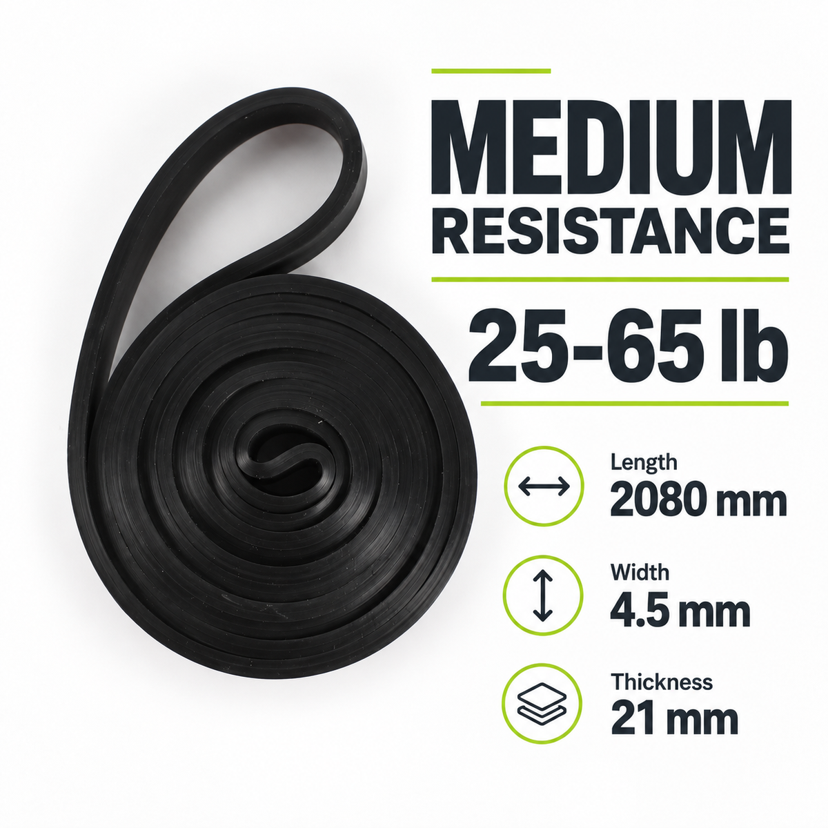 BandX BLACK resistance band, 25–65 lb, 2080 mm length, 4.5 mm width and 21 mm thickness