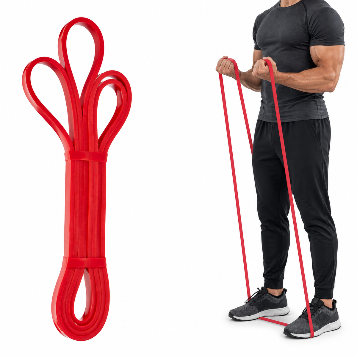 Adult athlete performing standing resistance-band curls with the red BandX band, shown from the neck down.