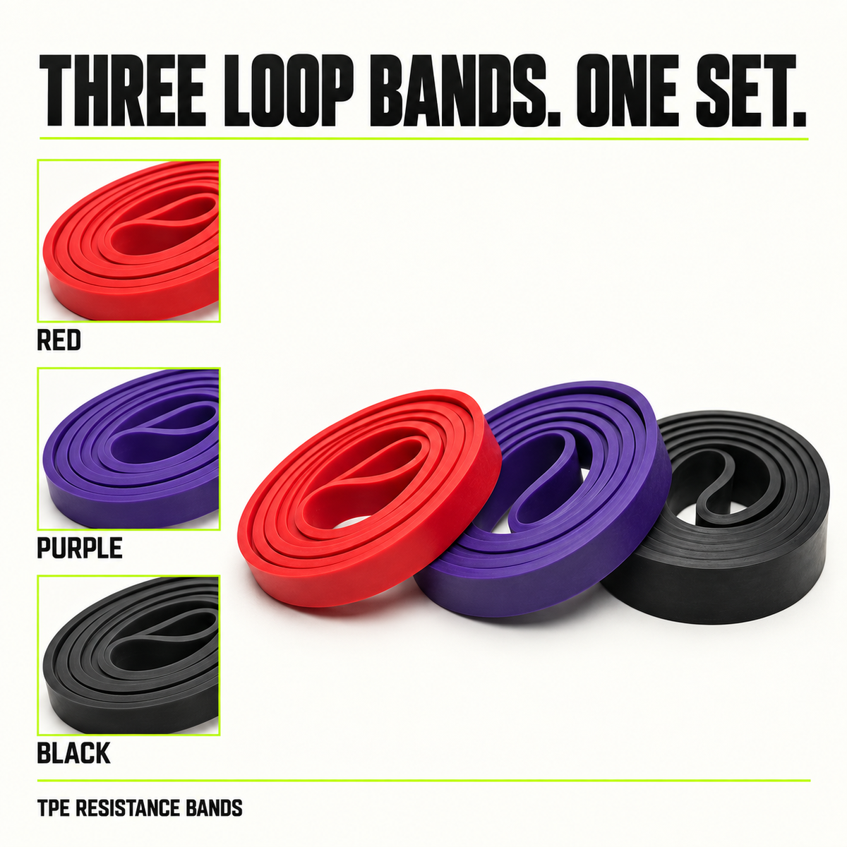 The BandX Trio Pack includes three wide loop resistance bands in red, purple, and black.