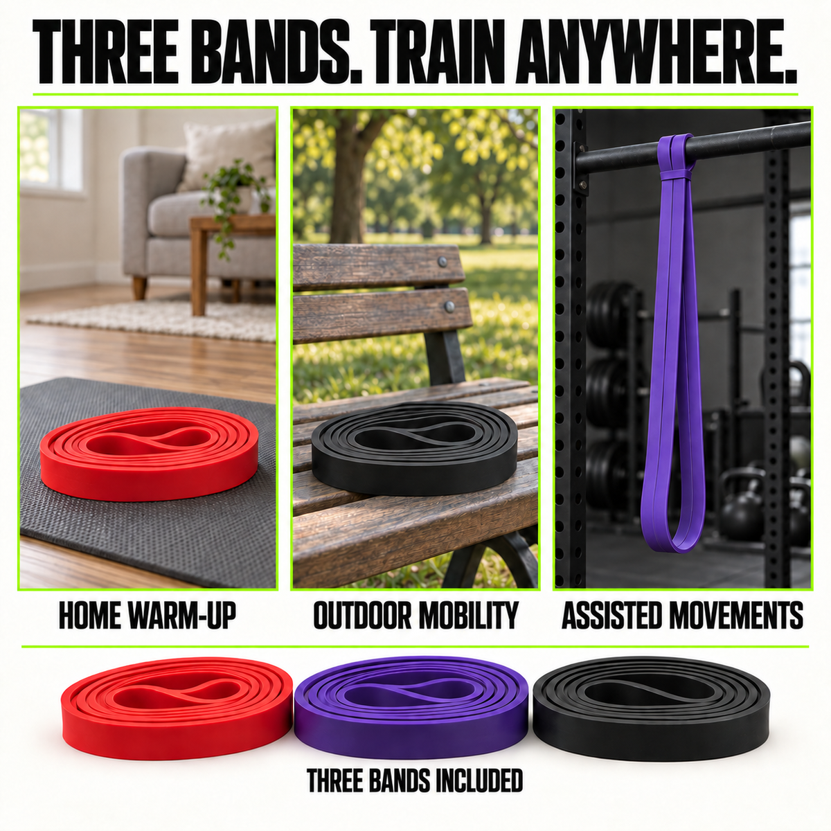 The BandX Trio Pack includes red, purple, and black loop resistance bands, shown in home, outdoor, and gym settings.