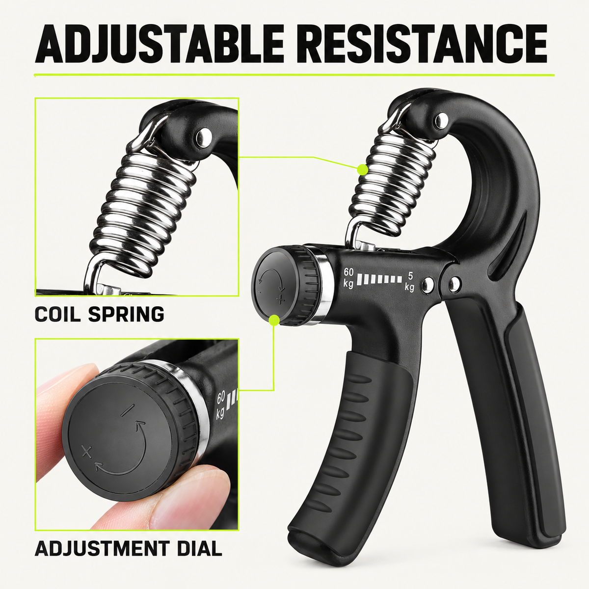 GripX Pro adjustable hand gripper with close-ups of the coil spring and adjustment dial