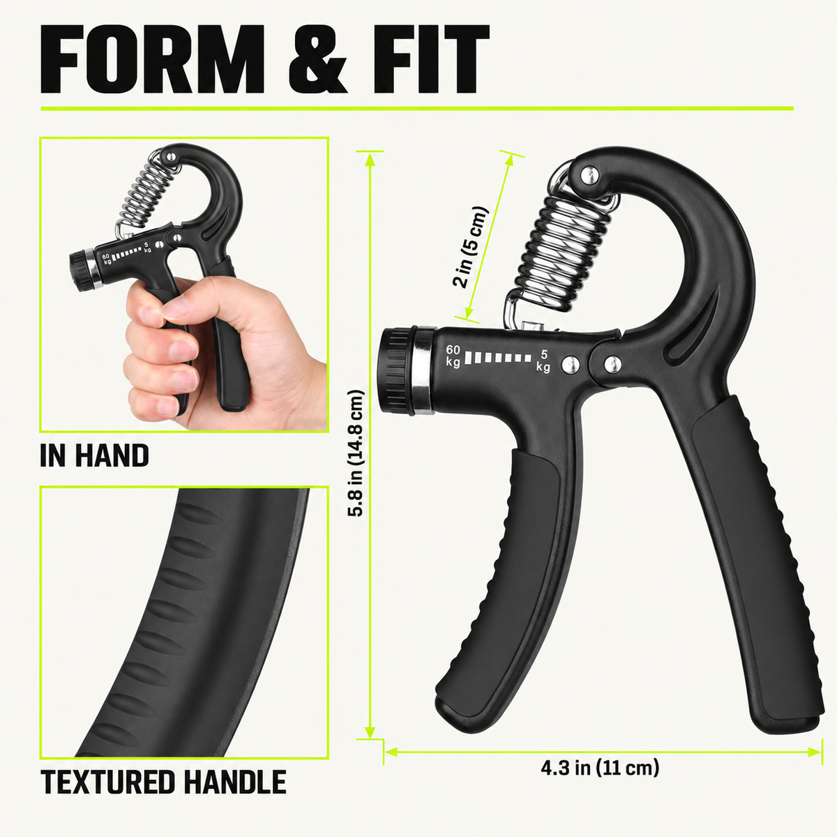 GripX Pro hand gripper showing its dimensions, in-hand view, and textured handle