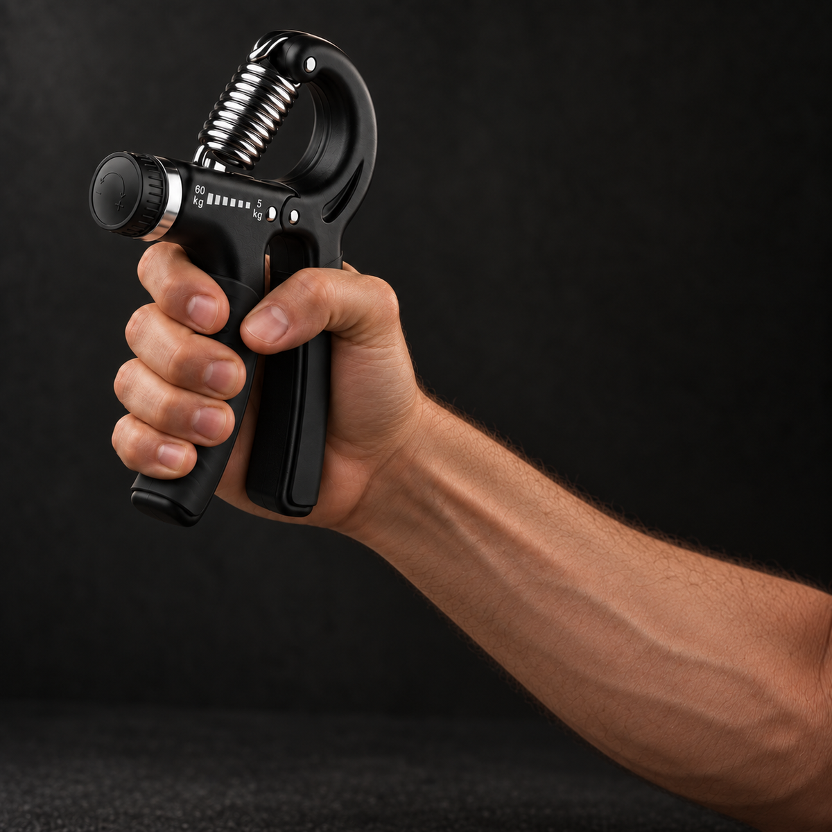 Adult hand squeezing the black GripX Pro adjustable hand gripper in a dark studio