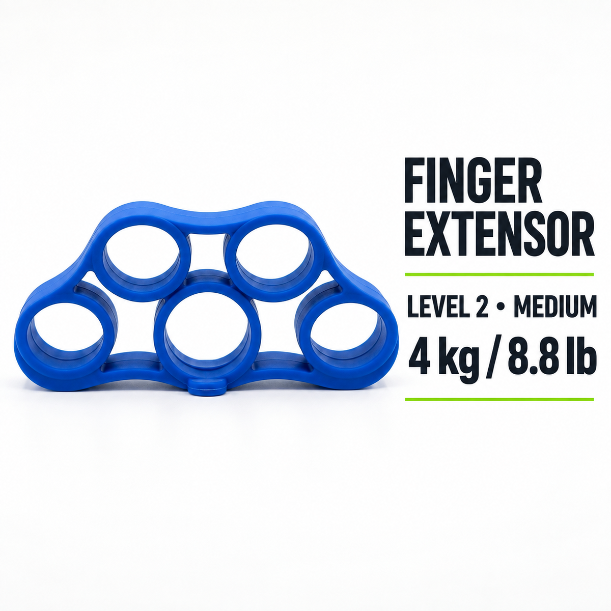 X Extender BLUE infographic showing Level 2 medium resistance, 4 kg / 8.8 lb, length 2080 mm, width 4.5 mm, and thickness 21 mm.
