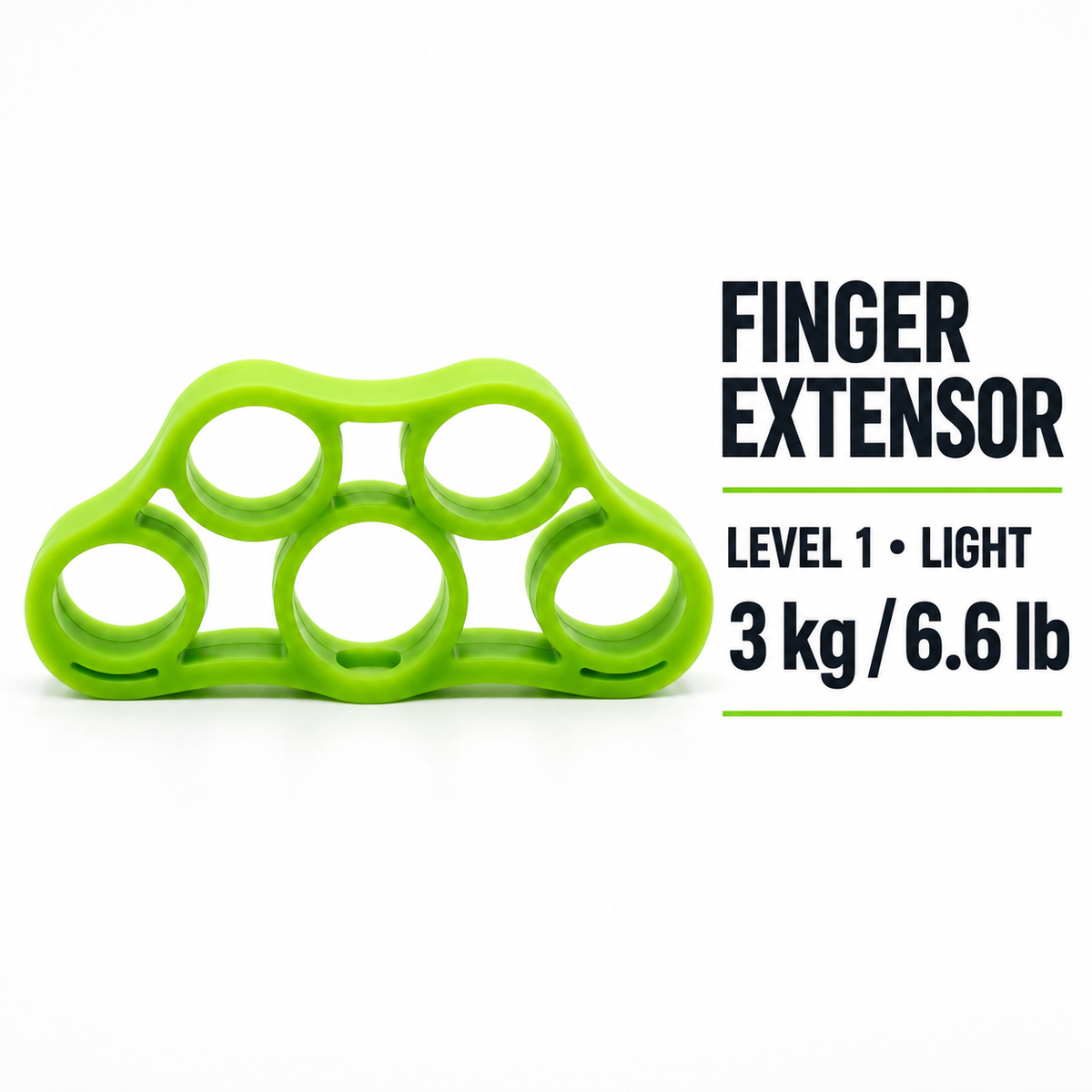 X Extender GREEN infographic showing Level 1 light resistance, 3 kg / 6.6 lb, length 2080 mm, width 4.5 mm, and thickness 13 mm.