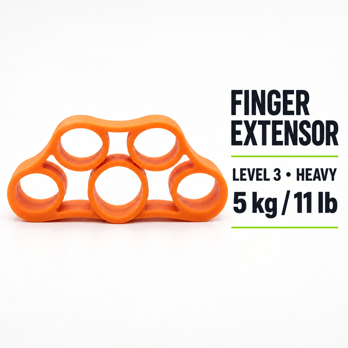 X Extender ORANGE infographic showing Level 3 heavy resistance, 5 kg / 11 lb, length 2080 mm, width 4.5 mm, and thickness 32 mm.