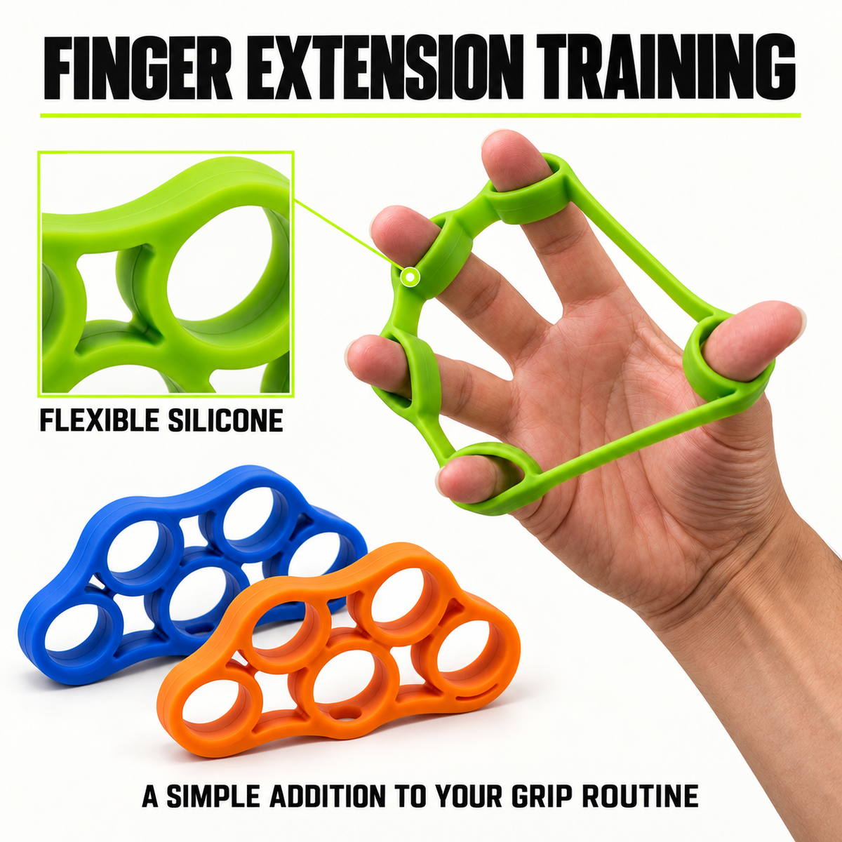 An adult hand demonstrates a green silicone finger extender with blue and orange extenders beside it.